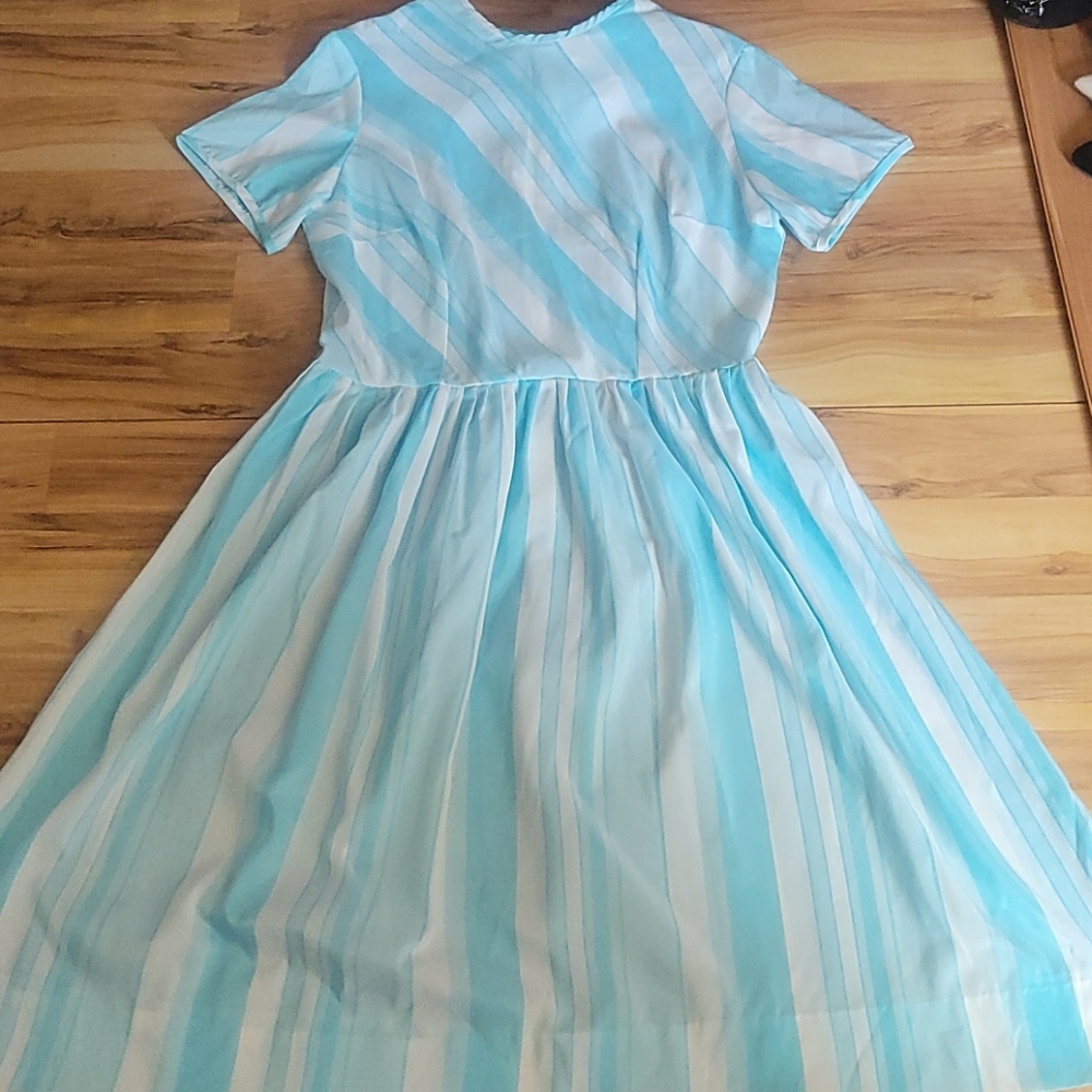 Vintage 50s 60s Blue White Striped Day Dress M - Picture 3 of 13
